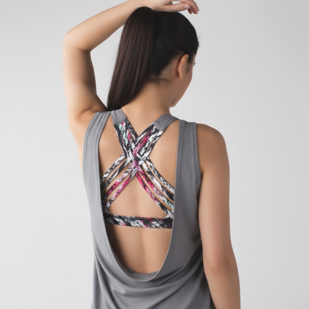 Lululemon Gray Multicolor Strappy Back Athletic Tank Top Built-in Bra Cowl Back